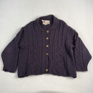 Standun Ireland Merino Wool Aran Cable Knit Cardigan Sweater Purple Womens S